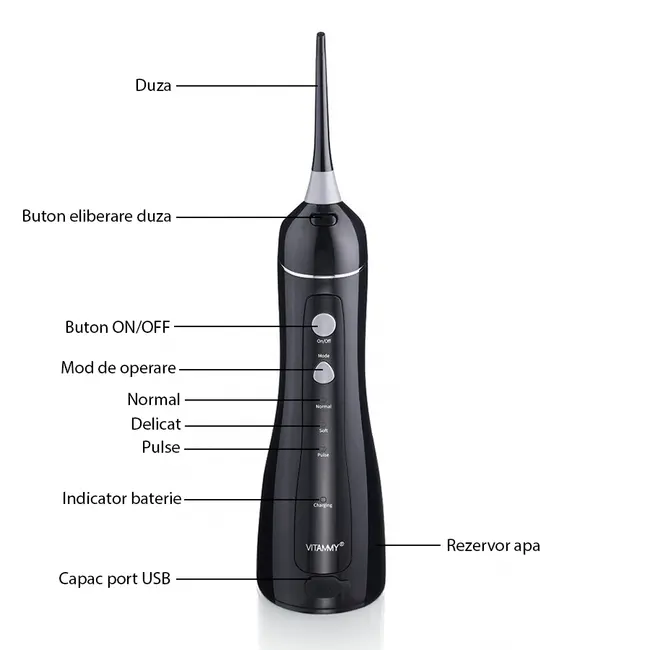 Irigator oral  dus bucal Vitammy Hydra, profesional, 3 moduri de functionare, rezistent la apa, 2 duze, Negru BITVitammyHydranegru
