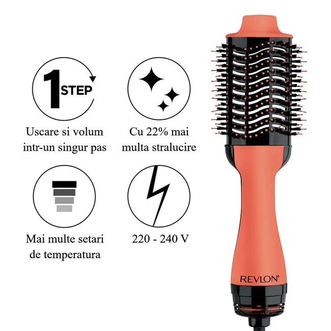 Perie electrica fixa REVLON One-Step Hair Dryer  Volumiser, RVDR5222AE, pentru par mediu si lung, Apricot BITRVDR5222AE