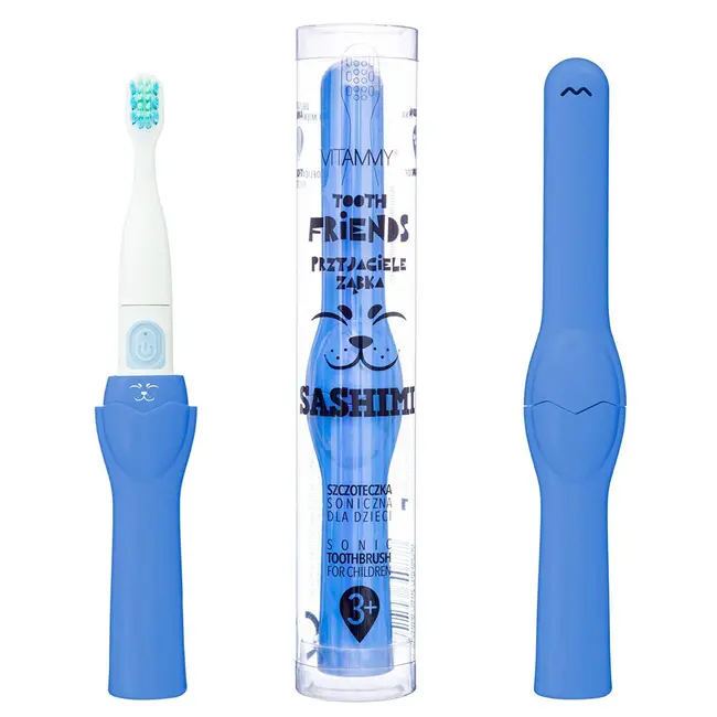 Periuta de dinti electrica Vitammy Tooth Friends, pentru copii 3+, animatie Sashimi, tehnologie IPX6, 26.000 vibratii pe minut, 2 moduri de periaj, Bleumarin BITvitammysashimi