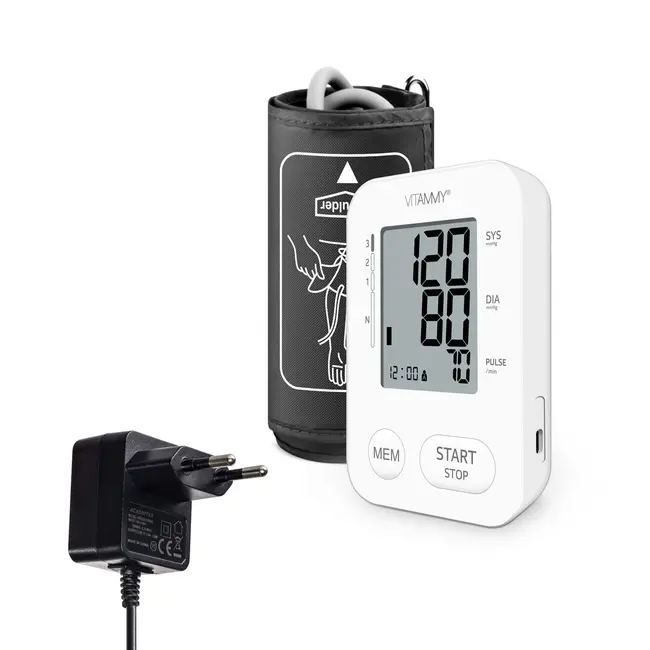 Tensiometru electronic de brat VITAMMY Next 2 +, mufa USB, adaptor inclus, detectare aritmie, memorare 2 utilizatori, Alb BITnext2plus