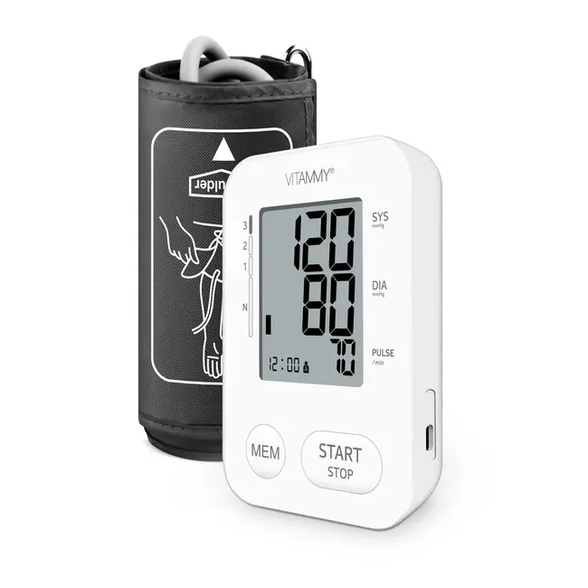 Tensiometru electronic de brat VITAMMY Next 2 +, mufa USB, adaptor inclus, detectare aritmie, memorare 2 utilizatori, Alb BITnext2plus
