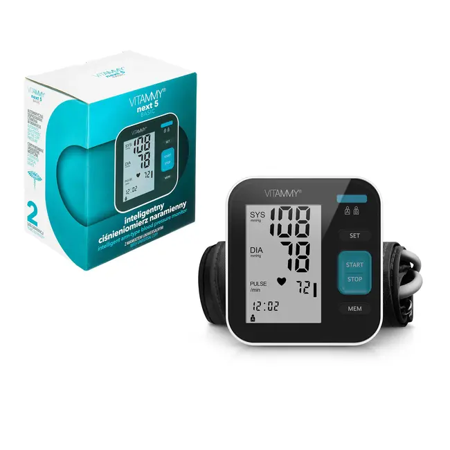 Tensiometru electronic de brat VITAMMY Next 5 Basic, mufa USB, detectare aritmie, detectie miscarea corpului, manseta 22-40 cm, Negru Alb BITnext5basic