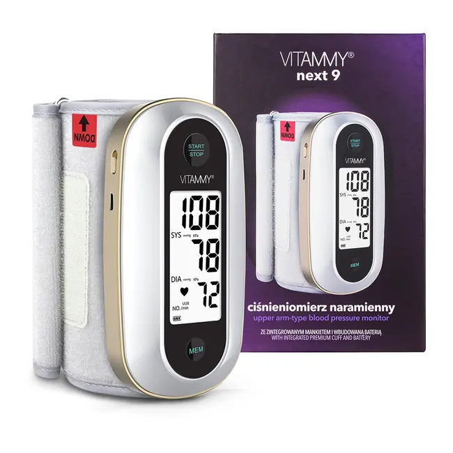 Tensiometru electronic de brat Vitammy Next 9, mufa USB, detectare aritmie, manseta integrata 23-36 cm, 120 seturi de memorie, Alb Auriu BITVitammyNext9