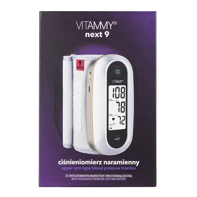 Tensiometru electronic de brat Vitammy Next 9, mufa USB, detectare aritmie, manseta integrata 23-36 cm, 120 seturi de memorie, Alb Auriu BITVitammyNext9