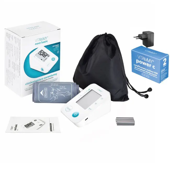 Tensiometru electronic de brat Vitammy Next Basic Power C, alimentator inclus, masurare in timpul umflarii mansetei, memorare 2 utilizatori, husa de protectie, manseta 22-40 cm, Alb BITNextBasicPowerC
