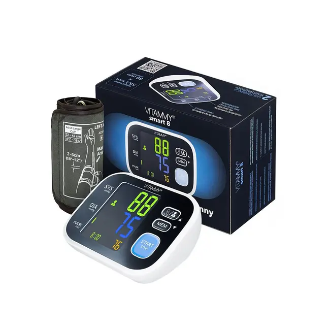Tensiometru electronic de brat Vitammy Smart 8, masurare in timpul umflarii mansetei, detectare aritmie, afisaj color, memorare 2 utilizatori x 60 rezultate, manseta 22 - 42 cm, Negru BITvitammysmart8