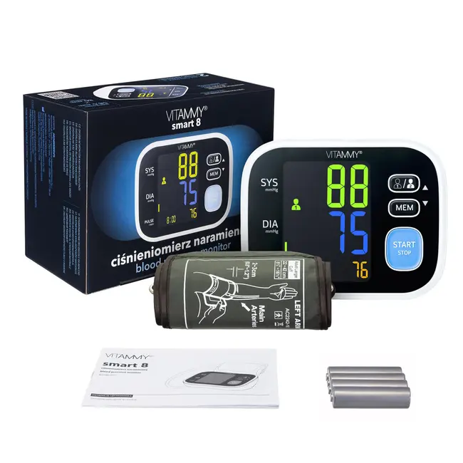 Tensiometru electronic de brat Vitammy Smart 8, masurare in timpul umflarii mansetei, detectare aritmie, afisaj color, memorare 2 utilizatori x 60 rezultate, manseta 22 - 42 cm, Negru BITvitammysmart8