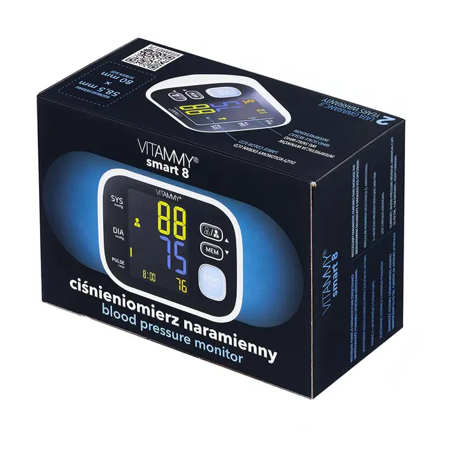 Tensiometru electronic de brat Vitammy Smart 8, masurare in timpul umflarii mansetei, detectare aritmie, afisaj color, memorare 2 utilizatori x 60 rezultate, manseta 22 - 42 cm, Negru BITvitammysmart8
