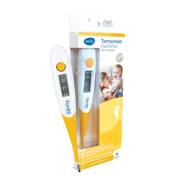 Termometru digital Sanity Flexi Temp, semnal sonor, ecran LCD, oprire automata, Alb  Galben BITSanityFlexiTemp