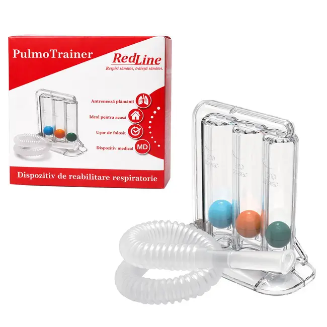 Dispozitiv de reabilitare respiratorie, spirometru RedLine PulmoTrainer,  pentru exercitii de respiratie si antrenare pulmonara, trei camere,  Alb BITRedLinePulmoTrainer