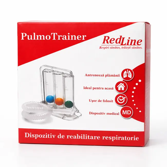 Dispozitiv de reabilitare respiratorie, spirometru RedLine PulmoTrainer,  pentru exercitii de respiratie si antrenare pulmonara, trei camere,  Alb BITRedLinePulmoTrainer