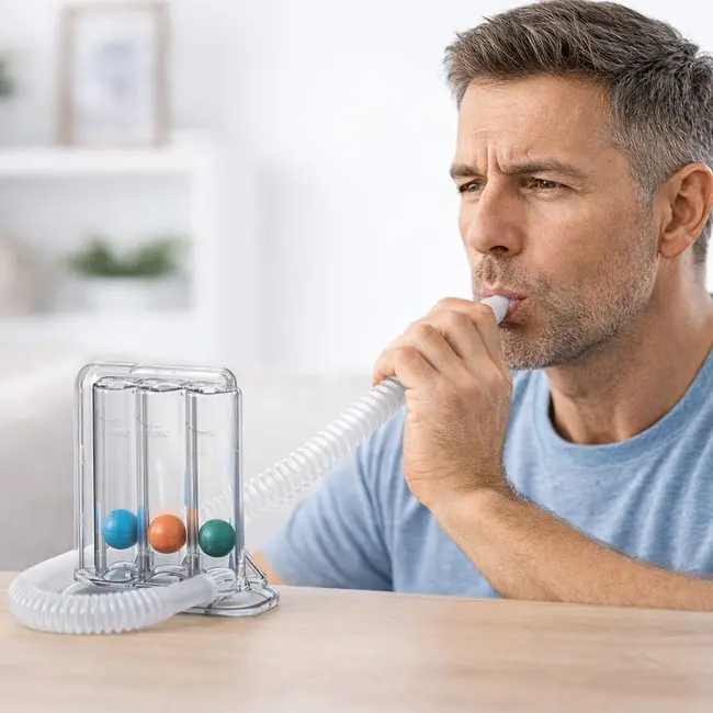 Dispozitiv de reabilitare respiratorie, spirometru RedLine PulmoTrainer,  pentru exercitii de respiratie si antrenare pulmonara, trei camere,  Alb BITRedLinePulmoTrainer