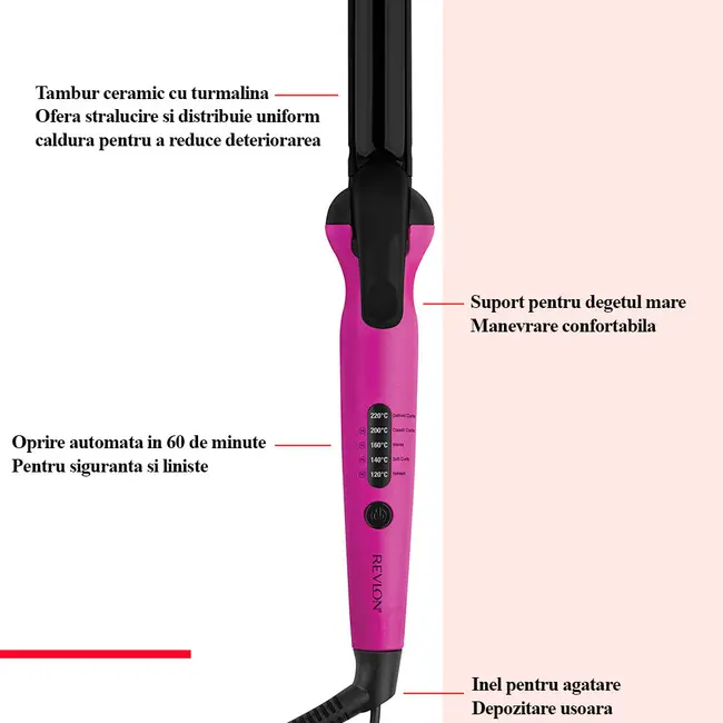 Ondulator de par Revlon Easy Heat RVIR1196E, tambur de 25 mm diametru si 160 mm lungime, 5 trepte de temperatura cu ghidaj inteligent TruGuard, tehnologie cu turmalina ceramica BITRVIR1196E