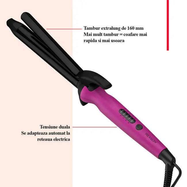 Ondulator de par Revlon Easy Heat RVIR1196E, tambur de 25 mm diametru si 160 mm lungime, 5 trepte de temperatura cu ghidaj inteligent TruGuard, tehnologie cu turmalina ceramica BITRVIR1196E