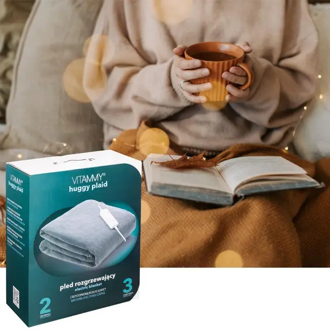 Patura cu incalzire electrica Vitammy huggy plaid, 180 x 130 cm, 3 trepte de incalzire, 120 W, termostat, material moale, lavabil, Gri inchis BIThuggyplaid