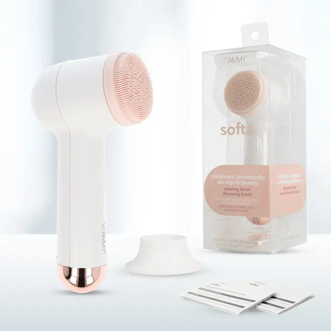 Perie rotativa de curatare a fetei Vitammy Softa, pentru fata, gat si decolteu, masaj, exfoliere, 400 rotatii min., cap de perie din silicon interschimbabil BITVitammySofta