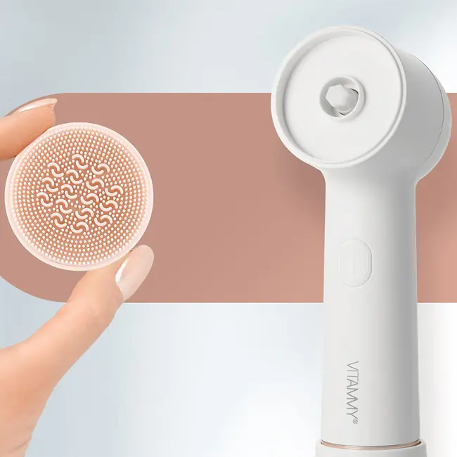 Perie rotativa de curatare a fetei Vitammy Softa, pentru fata, gat si decolteu, masaj, exfoliere, 400 rotatii min., cap de perie din silicon interschimbabil BITVitammySofta