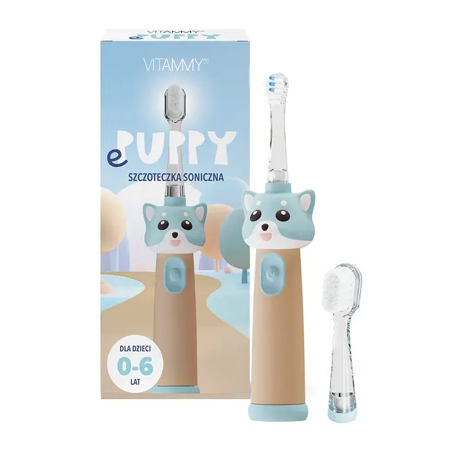 Periuta de dinti electrica Vitammy ePUPPY, pentru copii 0-6 ani, cu lumina LED, 24.000 de miscari sonice min, 2 capete periuta incluse, 2 moduri de functionare, timer, Bleu BITVitammyePUPPYBleu