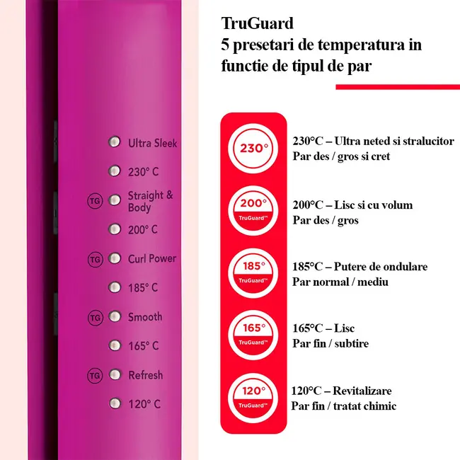 Placa de indreptat parul Revlon Easy Heat RVST2217E, tehnologie cu turmalina ceramica, 5 setari de temperatura cu ghidaj inteligent TruGuard, placi de 100 mm lungime si 25 mm latime BITRVST2217E