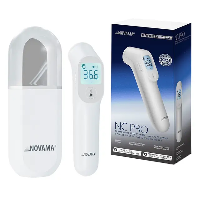 Termometru non-contact Novama NC Pro, pentru masurarea temperaturii corpului si a suprafetelor, memorie pentru 12 masuratori, 2 senzori separati, alarma febra, ecran iluminat, mod silentios, etui BITNovamaNCPro
