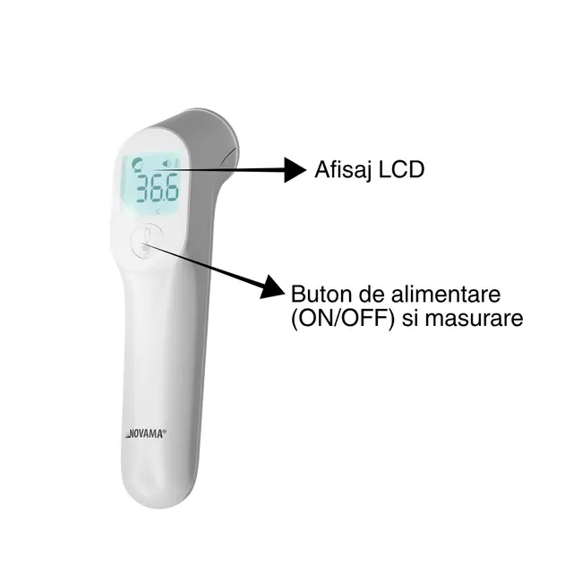 Termometru non-contact Novama NC Pro, pentru masurarea temperaturii corpului si a suprafetelor, memorie pentru 12 masuratori, 2 senzori separati, alarma febra, ecran iluminat, mod silentios, etui BITNovamaNCPro
