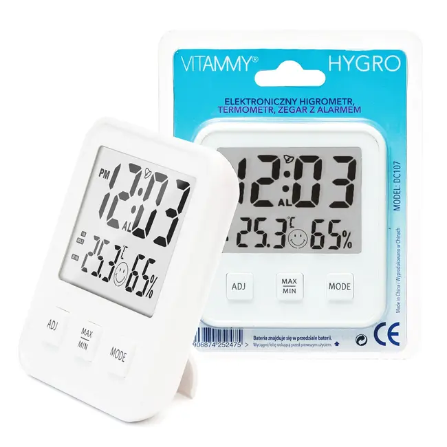 Termometru si higrometru de camera Vitammy Hygro, Statie meteo, Ceas, Alarma, Indicator confort, Alb BITvitammyhygro
