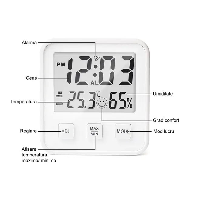 Termometru si higrometru de camera Vitammy Hygro, Statie meteo, Ceas, Alarma, Indicator confort, Alb BITvitammyhygro