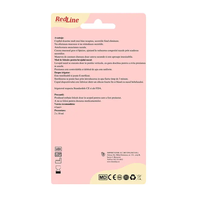 Set seringi pentru lavaj nazal RedLine Nasucel, pentru curatarea si hidratarea cailor nazale, 2 x 10 ml, 4 luni+ BITRedLineNasucel
