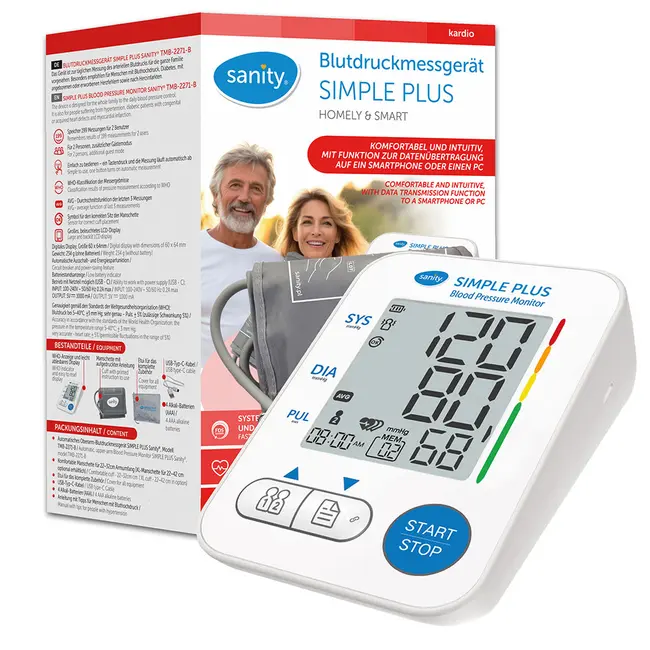 Tensiometru electronic de brat Sanity Simple Plus, memorare 2 utilizatori, manseta 22 - 32 cm, detectare aritmie, detectie miscarea corpului, ecran LCD iluminat, cablu UBS, Bluetooth, husa depozitare BITSanitySimplePlus