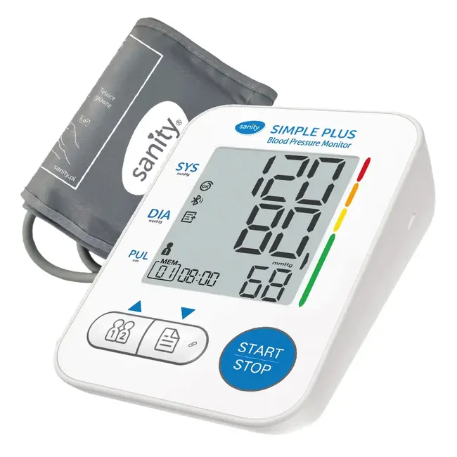 Tensiometru electronic de brat Sanity Simple Plus, memorare 2 utilizatori, manseta 22 - 32 cm, detectare aritmie, detectie miscarea corpului, ecran LCD iluminat, cablu UBS, Bluetooth, husa depozitare BITSanitySimplePlus