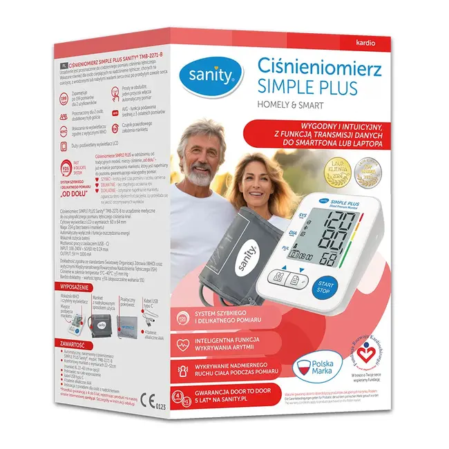 Tensiometru electronic de brat Sanity Simple Plus, memorare 2 utilizatori, manseta 22 - 32 cm, detectare aritmie, detectie miscarea corpului, ecran LCD iluminat, cablu UBS, Bluetooth, husa depozitare BITSanitySimplePlus