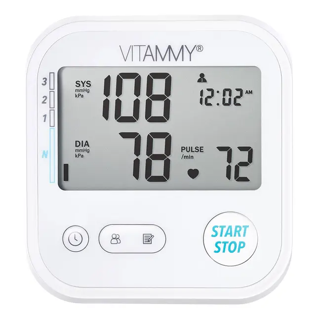Tensiometru electronic de brat Vitammy Next E1, USB-C inclus, detectare aritmie, detectie miscarea corpului, ecran panoramic, husa de protectie, manseta 22 - 42 cm, Alb BITvitammynextE1