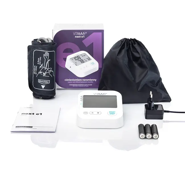 Tensiometru electronic de brat Vitammy Next E1, USB-C inclus, detectare aritmie, detectie miscarea corpului, ecran panoramic, husa de protectie, manseta 22 - 42 cm, Alb BITvitammynextE1