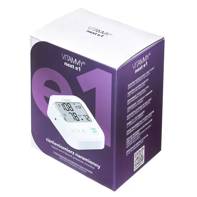 Tensiometru electronic de brat Vitammy Next E1, USB-C inclus, detectare aritmie, detectie miscarea corpului, ecran panoramic, husa de protectie, manseta 22 - 42 cm, Alb BITvitammynextE1