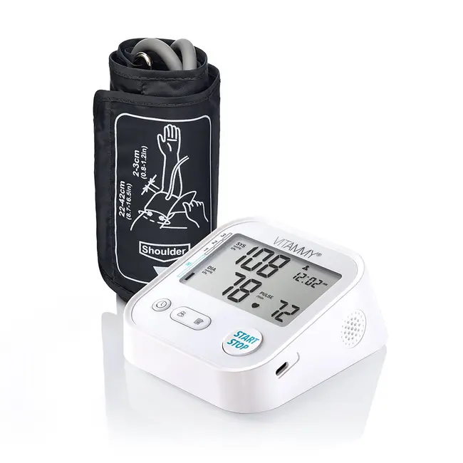 Tensiometru electronic de brat Vitammy Next E1, USB-C inclus, detectare aritmie, detectie miscarea corpului, ecran panoramic, husa de protectie, manseta 22 - 42 cm, Alb BITvitammynextE1