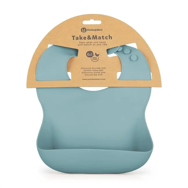 Baveta moale, Petite&Mars, Take&Match, Reglabila, Cu buzunar colector, Silicon, Fara BPA, 6 luni+, Frosted Sky, Albastru BYN706767