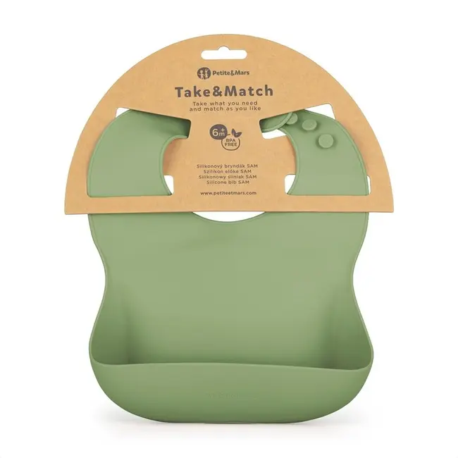 Baveta moale, Petite&Mars, Take&Match, Reglabila, Cu buzunar colector, Silicon, Fara BPA, 6 luni+, Sweet Pea, Verde BYN706766