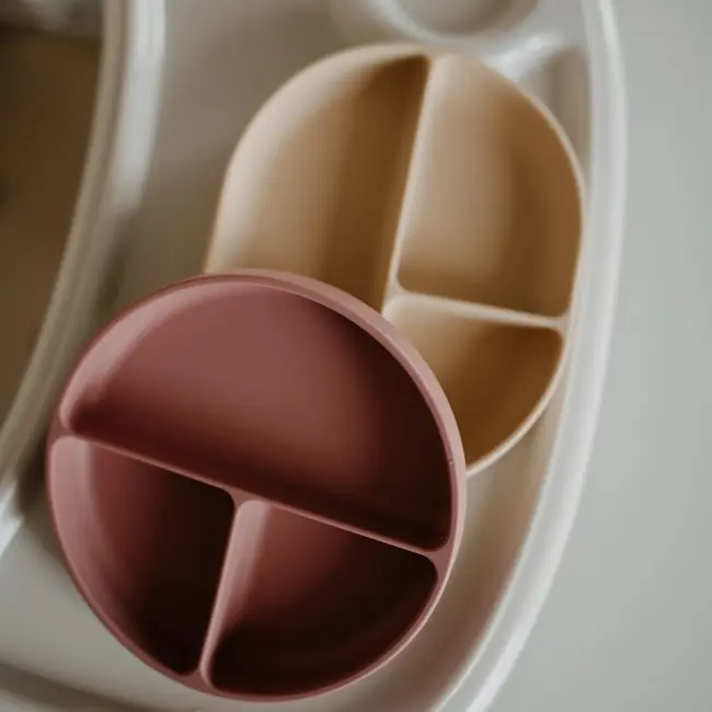 Farfurie compartimentata, Petite&Mars, Take&Match, Din silicon, Rotunda, Cu ventuza si 3 compartimente, Adecvata pentru masina de spalat vase si microunde, Nu absoarbe mirosuri, Fara BPA, 500 ml, 6 luni+, Bitter Cocoa, Maro BYN715768