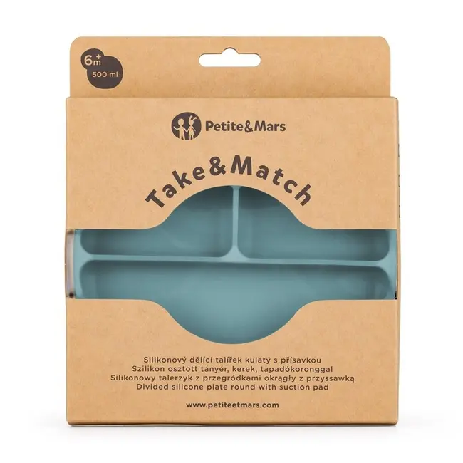 Farfurie compartimentata, Petite&Mars, Take&Match, Din silicon, Rotunda, Cu ventuza si 3 compartimente, Adecvata pentru masina de spalat vase si microunde, Nu absoarbe mirosuri, Fara BPA, 500 ml, 6 luni+, Frosted Sky, Albastru BYN715767