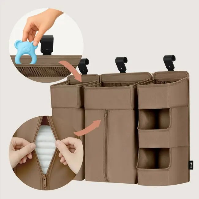 Organizator multifunctional, Lionelo, Sidepocket L, 58x11x58 cm, 3 parti independente cu multiple buzunare, Universal, Constructie ranforsata, Bej BYNLO-SIDEPOCKET_LARGE_BEIGE
