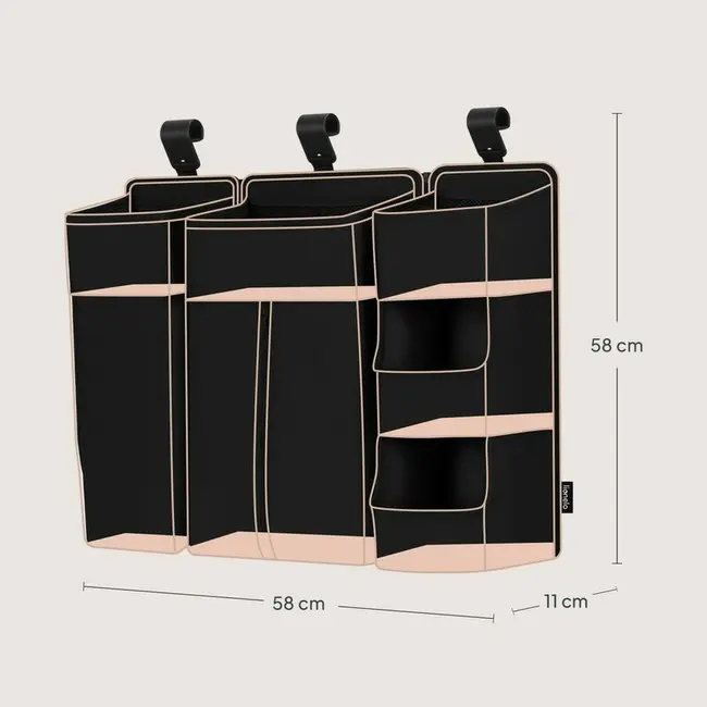 Organizator multifunctional, Lionelo, Sidepocket L, 58x11x58 cm, 3 parti independente cu multiple buzunare, Universal, Constructie ranforsata, Negru BYNLO-SIDEPOCKET_LARGE_BLACK