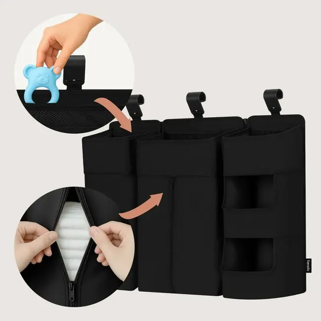 Organizator multifunctional, Lionelo, Sidepocket L, 58x11x58 cm, 3 parti independente cu multiple buzunare, Universal, Constructie ranforsata, Negru BYNLO-SIDEPOCKET_LARGE_BLACK