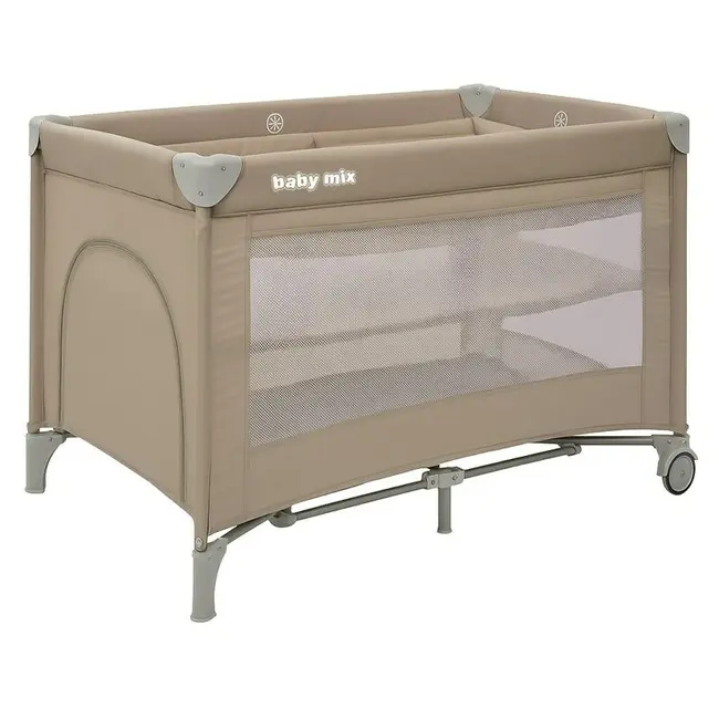 Patut pliant, Baby Mix, Cu doua nivele, Cu intrare laterala cu fermoar, 2 roti, 120 x 60 cm, Conform cu standardul european de securitate EN 716+AC:2019-07, Beige BYN57968