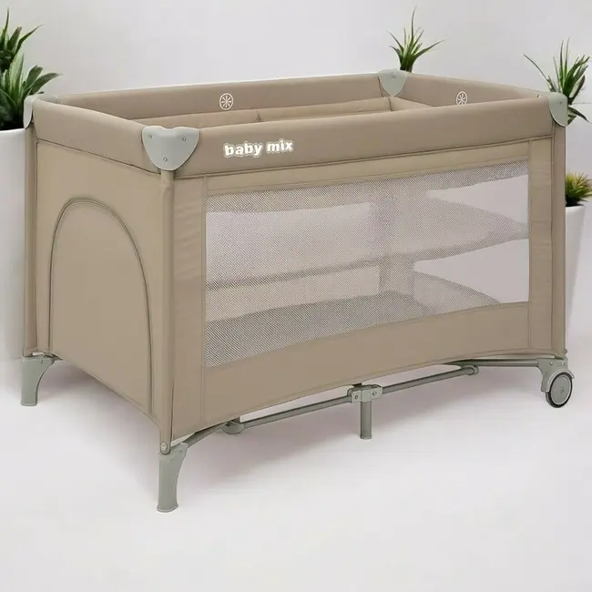 Patut pliant, Baby Mix, Cu doua nivele, Cu intrare laterala cu fermoar, 2 roti, 120 x 60 cm, Conform cu standardul european de securitate EN 716+AC:2019-07, Beige BYN57968
