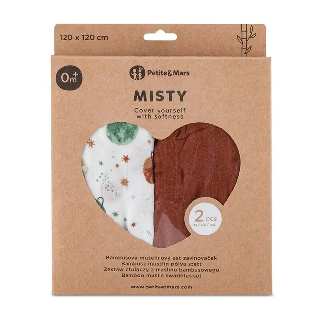 Set 2 scutece, Petite&Mars, Misty, Din muselina de bambus, Hipoalergenice, Dimensiuni mari, 120 x 120 cm, Certificate Oeko Tex Standard 100, Celestial Planets BYN417367