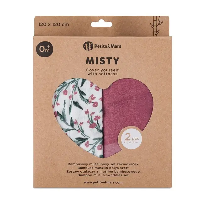 Set 2 scutece, Petite&Mars, Misty, Din muselina de bambus, Hipoalergenice, Dimensiuni mari, 120 x 120 cm, Certificate Oeko Tex Standard 100, Pink Meadow BYN417364