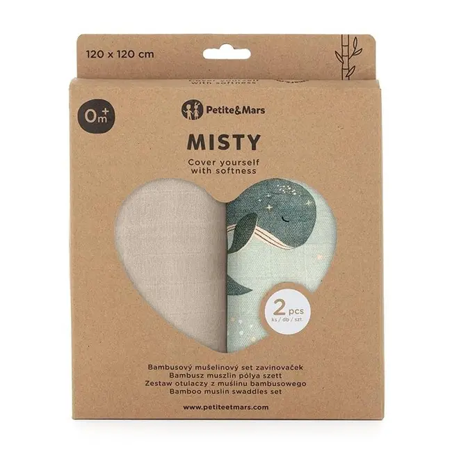 Set 2 scutece, Petite&Mars, Misty, Din muselina de bambus, Hipoalergenice, Dimensiuni mari, 120 x 120 cm, Certificate Oeko Tex Standard 100, Whale Song BYN417368