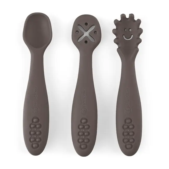 Set 3 lingurite, Petite&Mars, Take&Match, Din silicon, Diverse forme, Pentru supa, paste, alimente usoare, Dezvolta simturile si abilitatile senzoriale, Adecvate pentru masina de spalat vase, Fara BPA, 6 luni+, Bitter Cocoa, Maro BYN721768