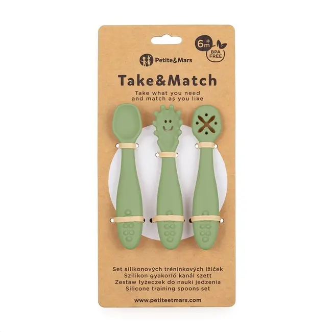 Set 3 lingurite, Petite&Mars, Take&Match, Din silicon, Diverse forme, Pentru supa, paste, alimente usoare, Dezvolta simturile si abilitatile senzoriale, Adecvate pentru masina de spalat vase, Fara BPA, 6 luni+, Sweet Pea, Verde BYN721766
