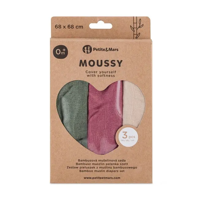 Set 3 scutece, Petite&Mars, Moussy, Din muselina de bambus, Hipoalergenice, 68 x 68 cm, Certificate Oeko Tex Standard 100, Botanic Tones BYN415369